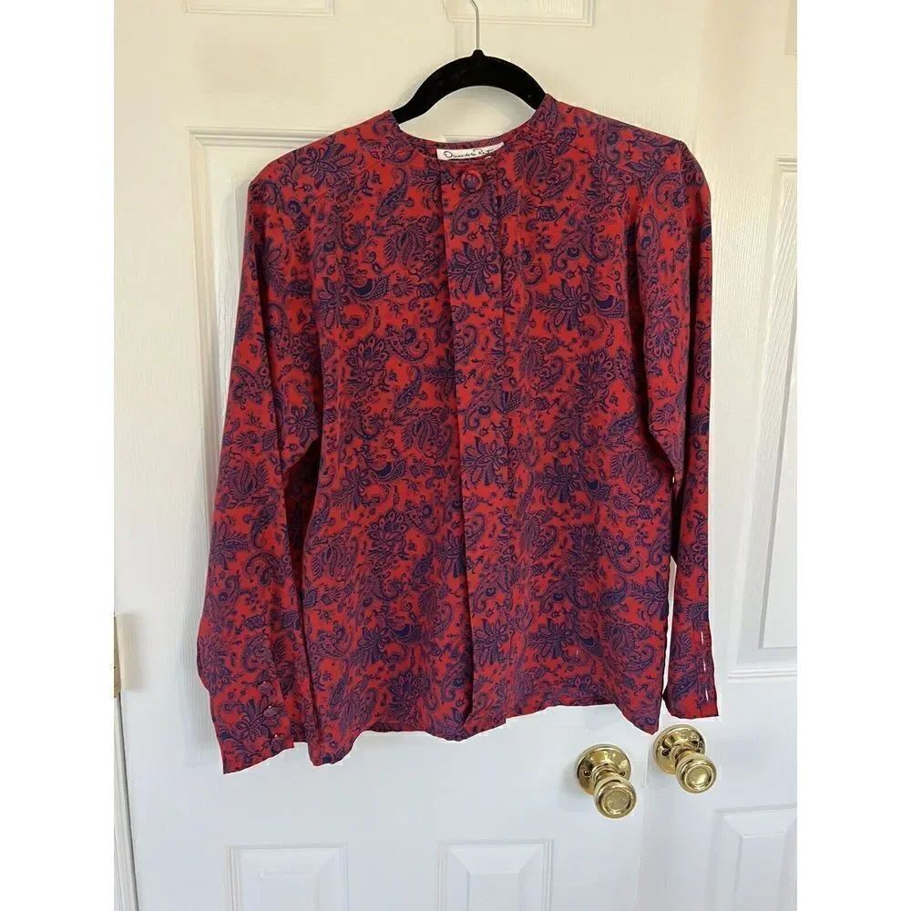 Oscar De La Renta Expressions Vintage Red Button Down Blouse Top Size M